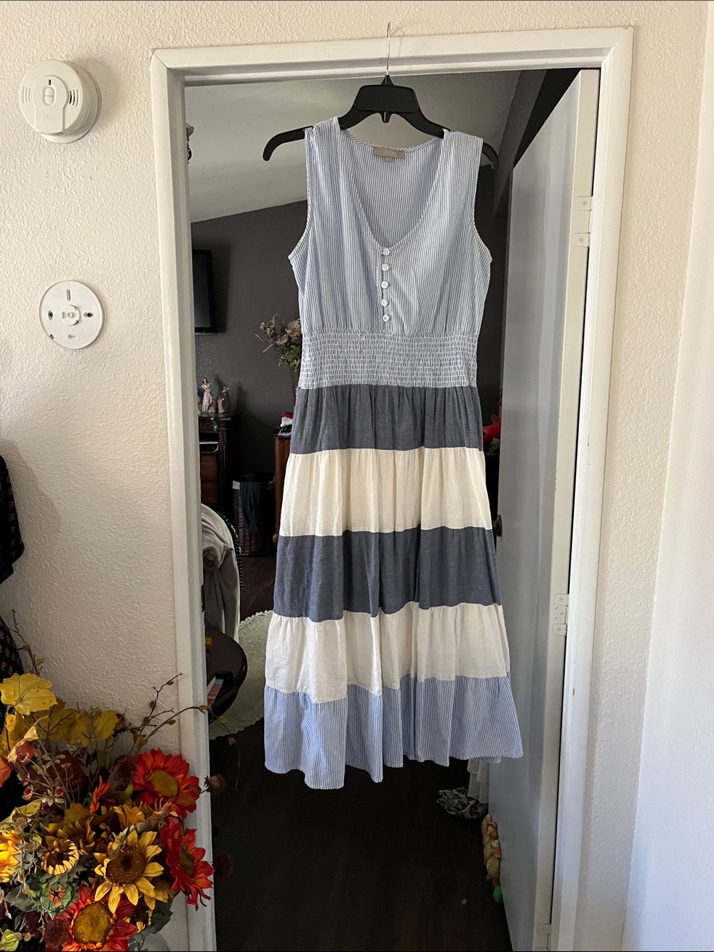 Tiered Sleeveless Midi Dress in Blue and White